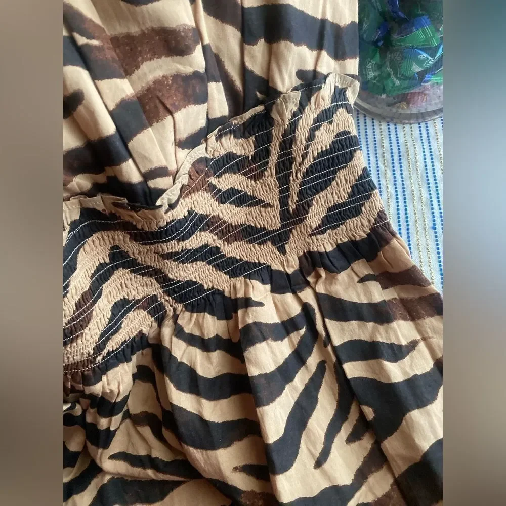 J. Crew Midi Dress Women's Zebra Print Smocked Waist Short Sleeve Sz Small NWT